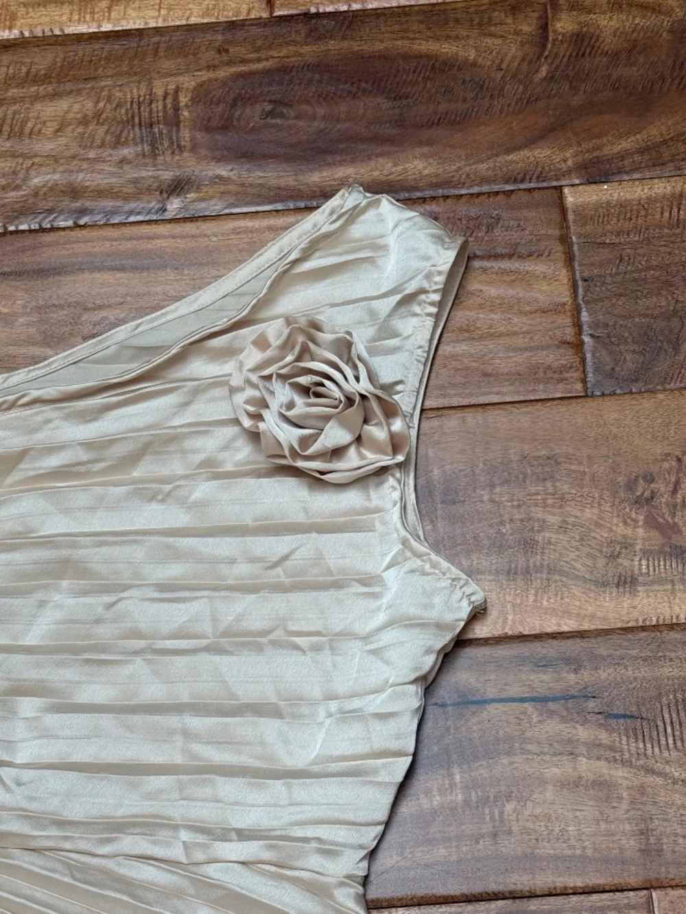 Champagne One Shoulder Pleated Dress 3D Rosette Size S/M